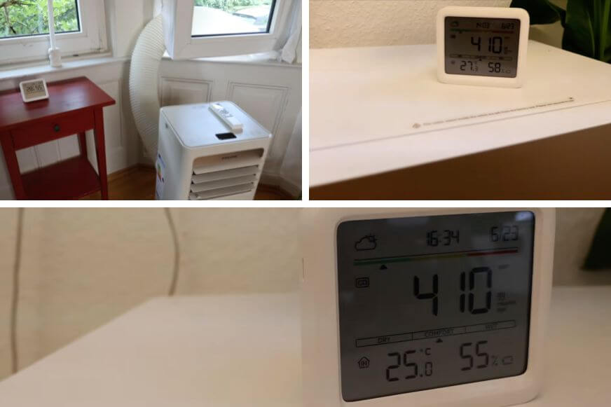 Thermometer zeigt die gemessene Raumtemperatur beim Dreame P-Wind 10 Kühltest